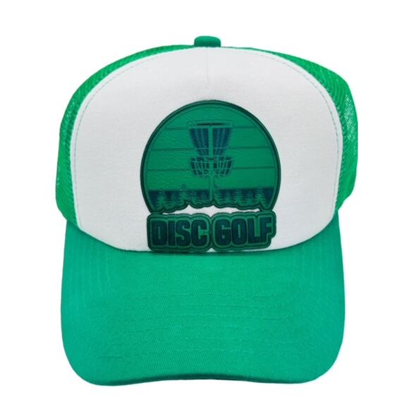 Disc Golf Leather Patch Hat Custom Trucker Hat Engraved Basket Wht/Kelly Green - Picture 7 of 8